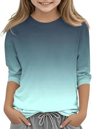 3/4 Length Sleeve Girls Tops Gradient Print Shirts Summer Cute Tees Basic Crewneck Blose Preppy Tops for Teen Girls