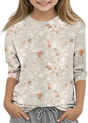 3/4 Sleeve Length Sleeve Girls Tops Funny Leaf Print Shirts 2025 Trendy Summer Tshirts Cute Preppy Blouses Outfits