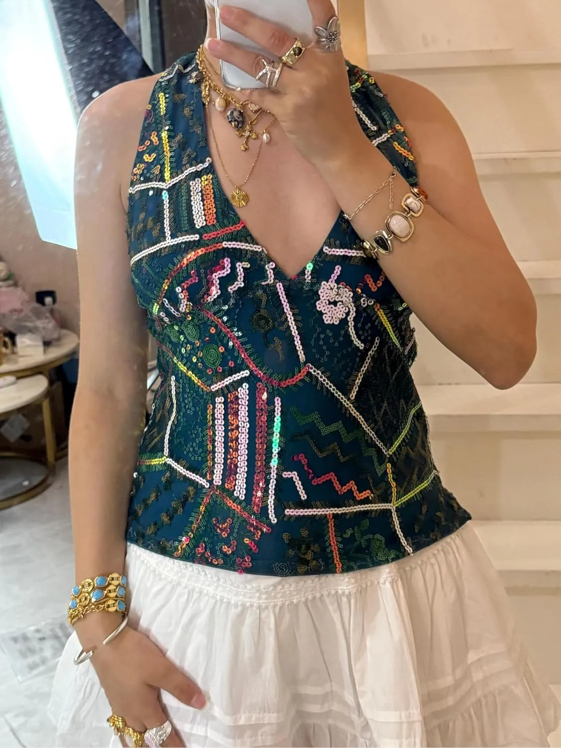Alyweatry Women Sequin Beaded Halter Top Sleeveless V Neck Backless Vintage Y2k Glitter Going Out Tank Top Rave Party Outfits