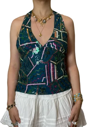Alyweatry Women Sequin Beaded Halter Top Sleeveless V Neck Backless Vintage Y2k Glitter Going Out Tank Top Rave Party Outfits