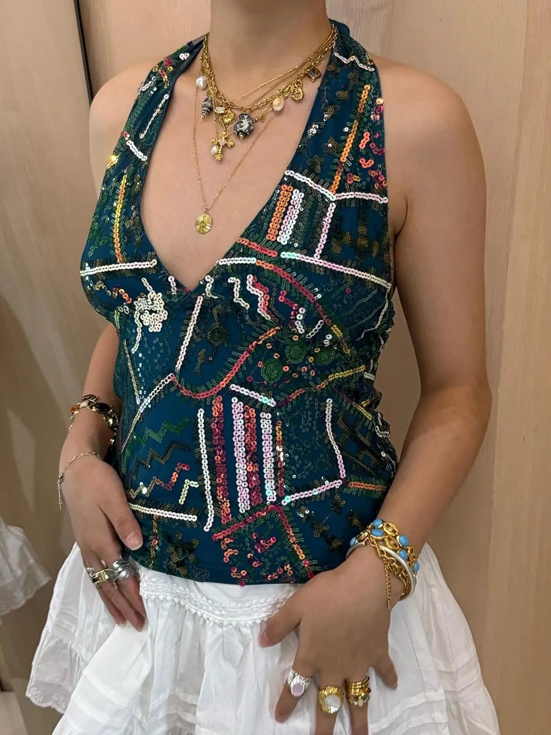 Alyweatry Women Sequin Beaded Halter Top Sleeveless V Neck Backless Vintage Y2k Glitter Going Out Tank Top Rave Party Outfits