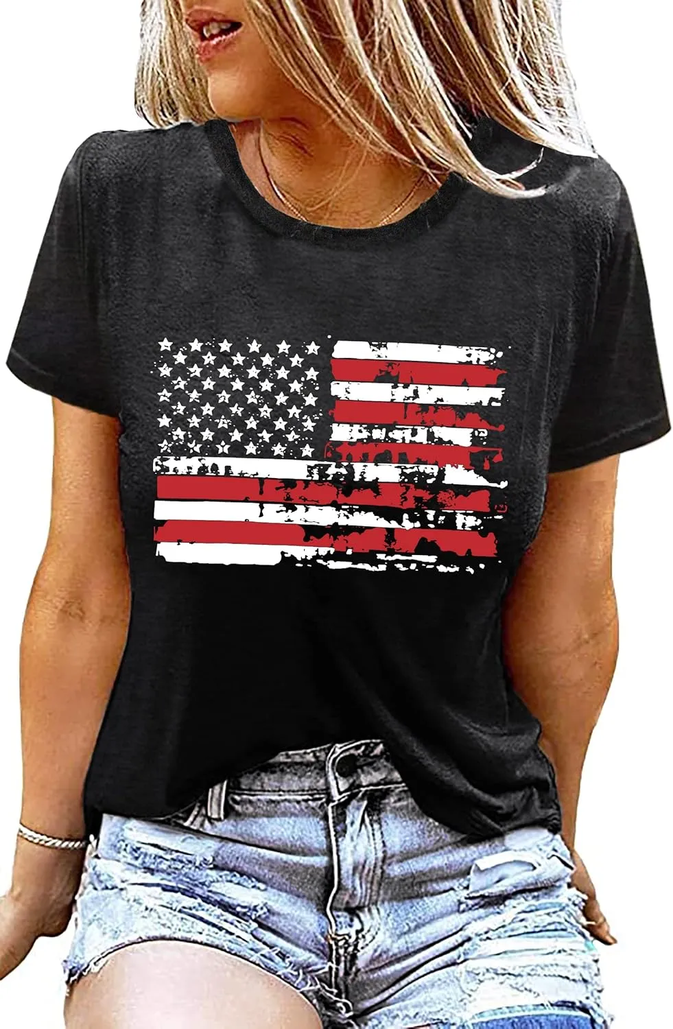 American Flag Shirt Women Patriotic Shirt Vintage USA Flag Bleached T-Shirt Short Sleeve 4th of July Tee Tops