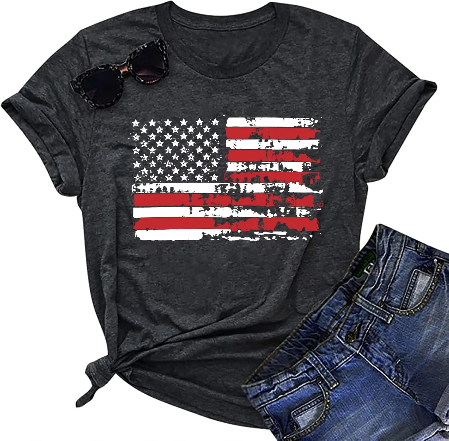 American Flag Shirt Women Patriotic Shirt Vintage USA Flag Bleached T-Shirt Short Sleeve 4th of July Tee Tops
