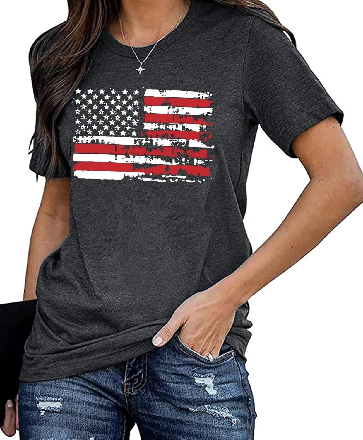 American Flag Shirt Women Patriotic Shirt Vintage USA Flag Bleached T-Shirt Short Sleeve 4th of July Tee Tops