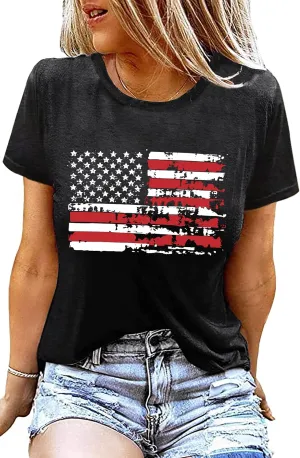 American Flag Shirt Women Patriotic Shirt Vintage USA Flag Bleached T-Shirt Short Sleeve 4th of July Tee Tops