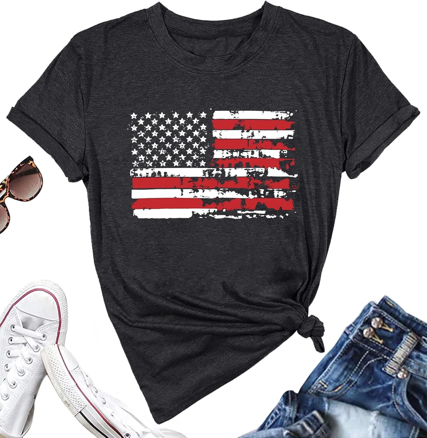 American Flag Shirt Women Patriotic Shirt Vintage USA Flag Bleached T-Shirt Short Sleeve 4th of July Tee Tops