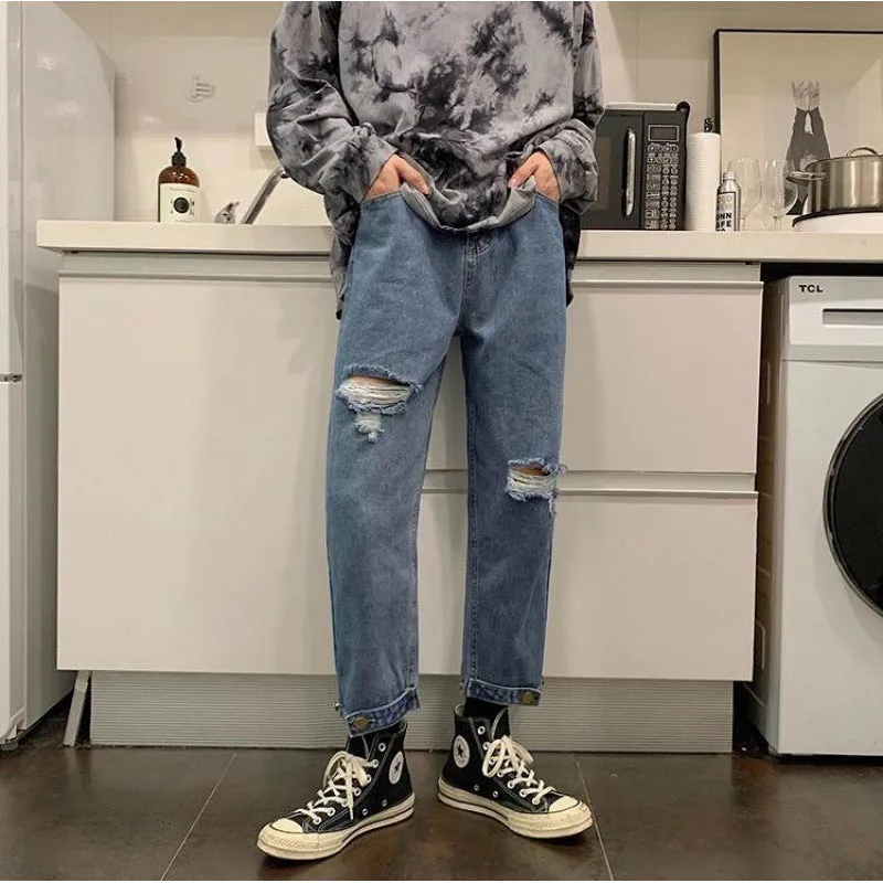 Bonsir 90s fashion men 2024 Black Ripped Jeans Men's Summer Thin Korean Style Trendy Cropped Pants Hong Kong Style Ruffle Handsome Retro Pants