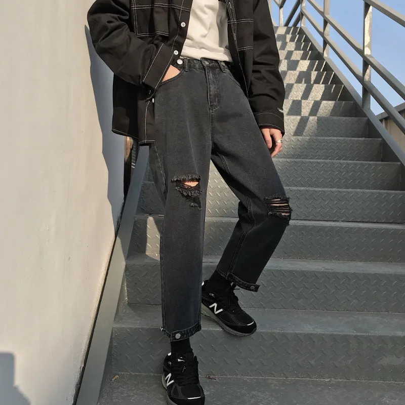 Bonsir 90s fashion men 2024 Black Ripped Jeans Men's Summer Thin Korean Style Trendy Cropped Pants Hong Kong Style Ruffle Handsome Retro Pants