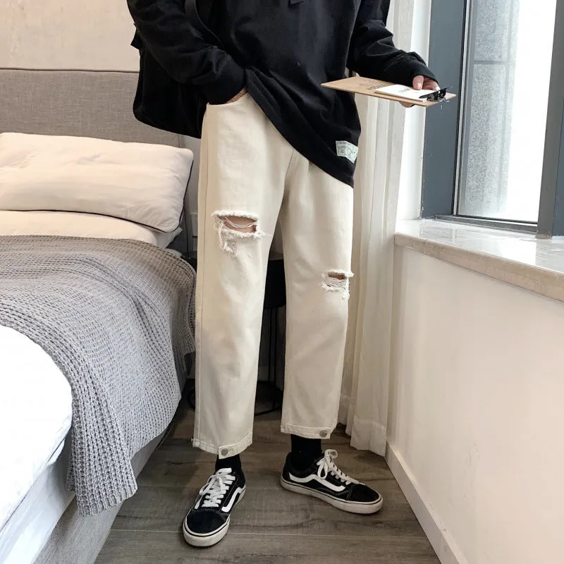 Bonsir 90s fashion men 2024 Black Ripped Jeans Men's Summer Thin Korean Style Trendy Cropped Pants Hong Kong Style Ruffle Handsome Retro Pants