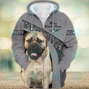 Bullmastiff Love Never Walk Alone 3D Full Print Shirts, Dog Memorial Gifts for loss of Dog, Christmas Shirt for Dog Lovers