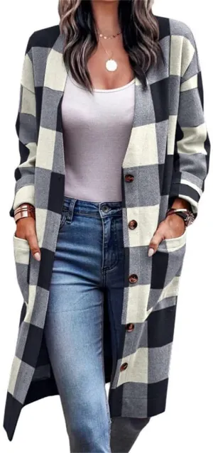 Canbebig Women Lounge Lapel Button Down Long Plaid Jacket Winter Boyfriend Tartan Shirt Jacket Shacket Wool Blend Trench Coat