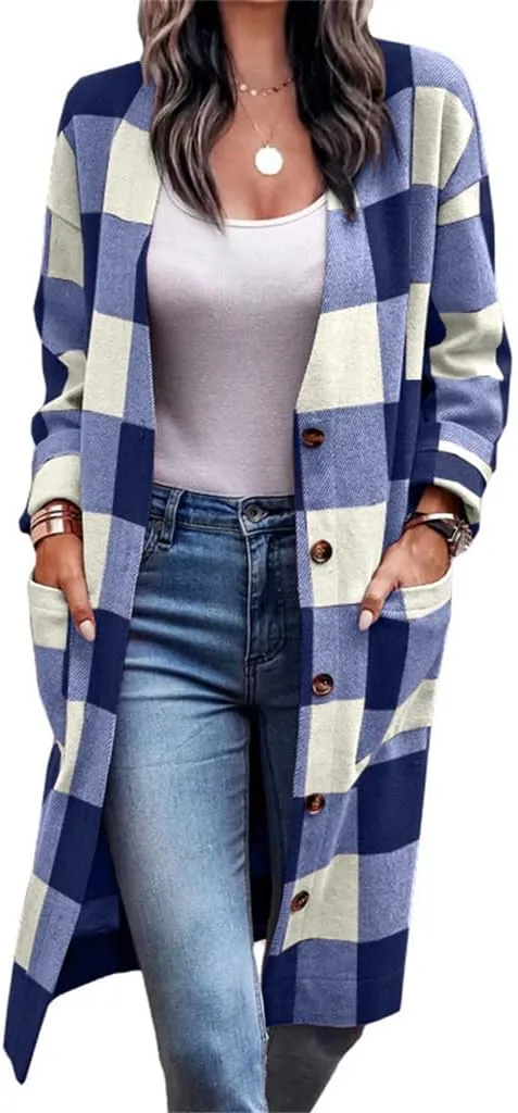 Canbebig Women Lounge Lapel Button Down Long Plaid Jacket Winter Boyfriend Tartan Shirt Jacket Shacket Wool Blend Trench Coat