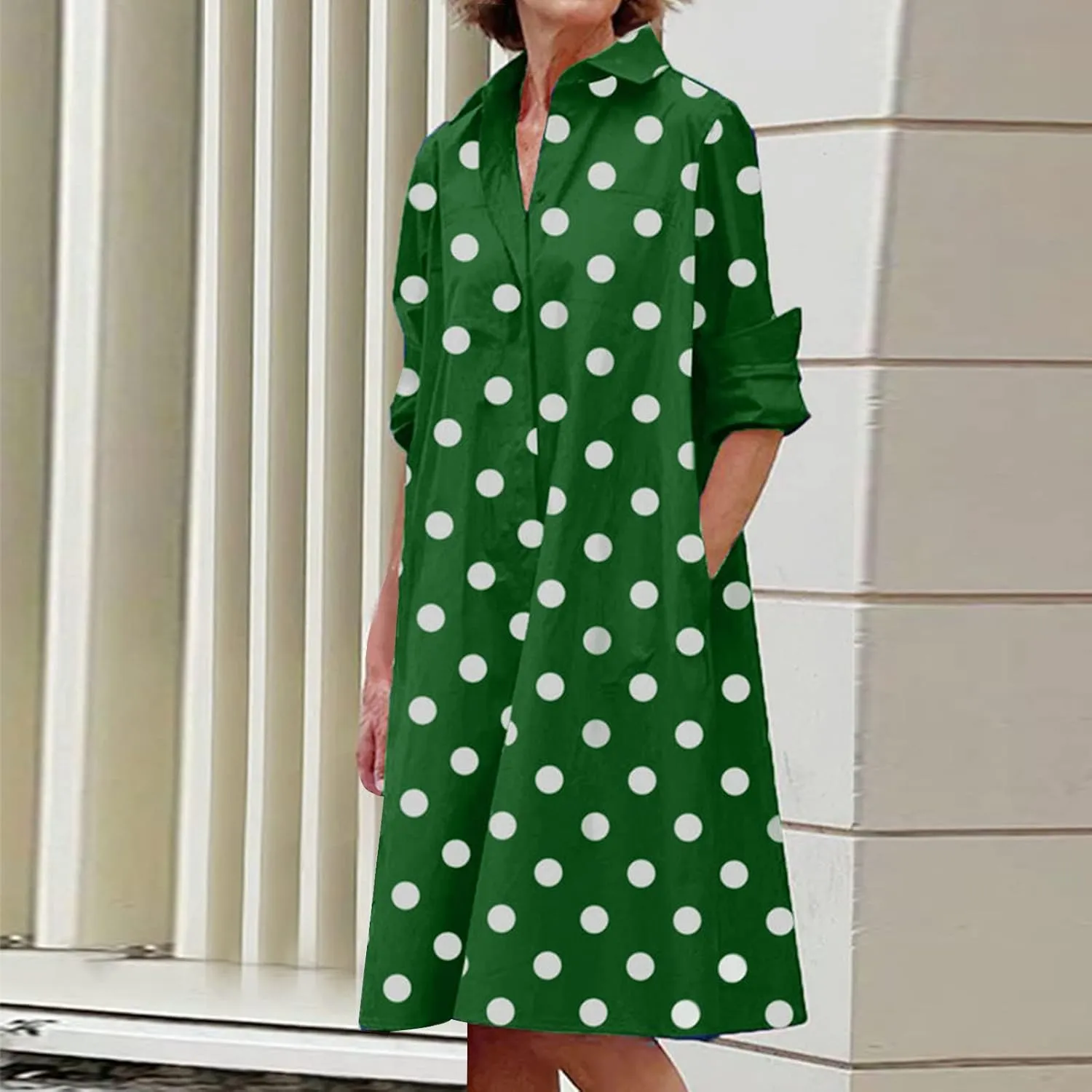 Ceboyel Shirt Dresses for Women 2023 Polka Dot Midi Dress Long Sleeve Button Down Dress Dressy Casual Ladies Clothing