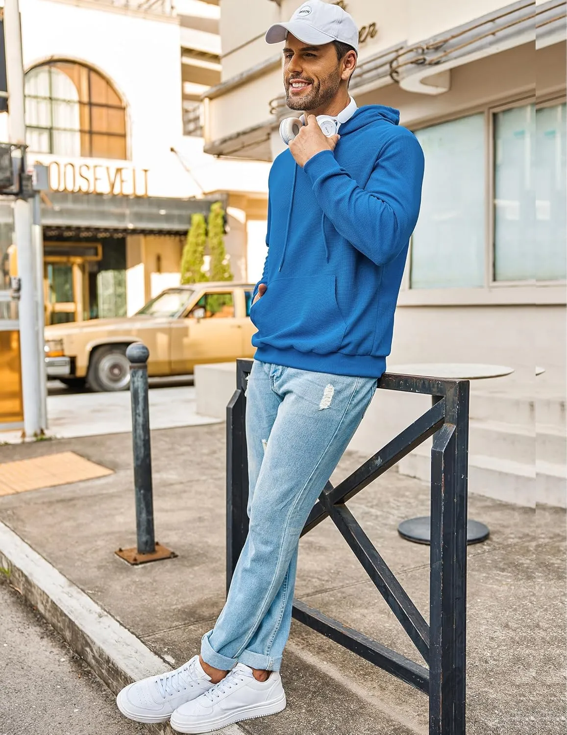 COOFANDY Men's Hooded Sweatshirts Long Sleeve Casual Pullover Hoodie Waffle Knit Sweatshirt with Pocket