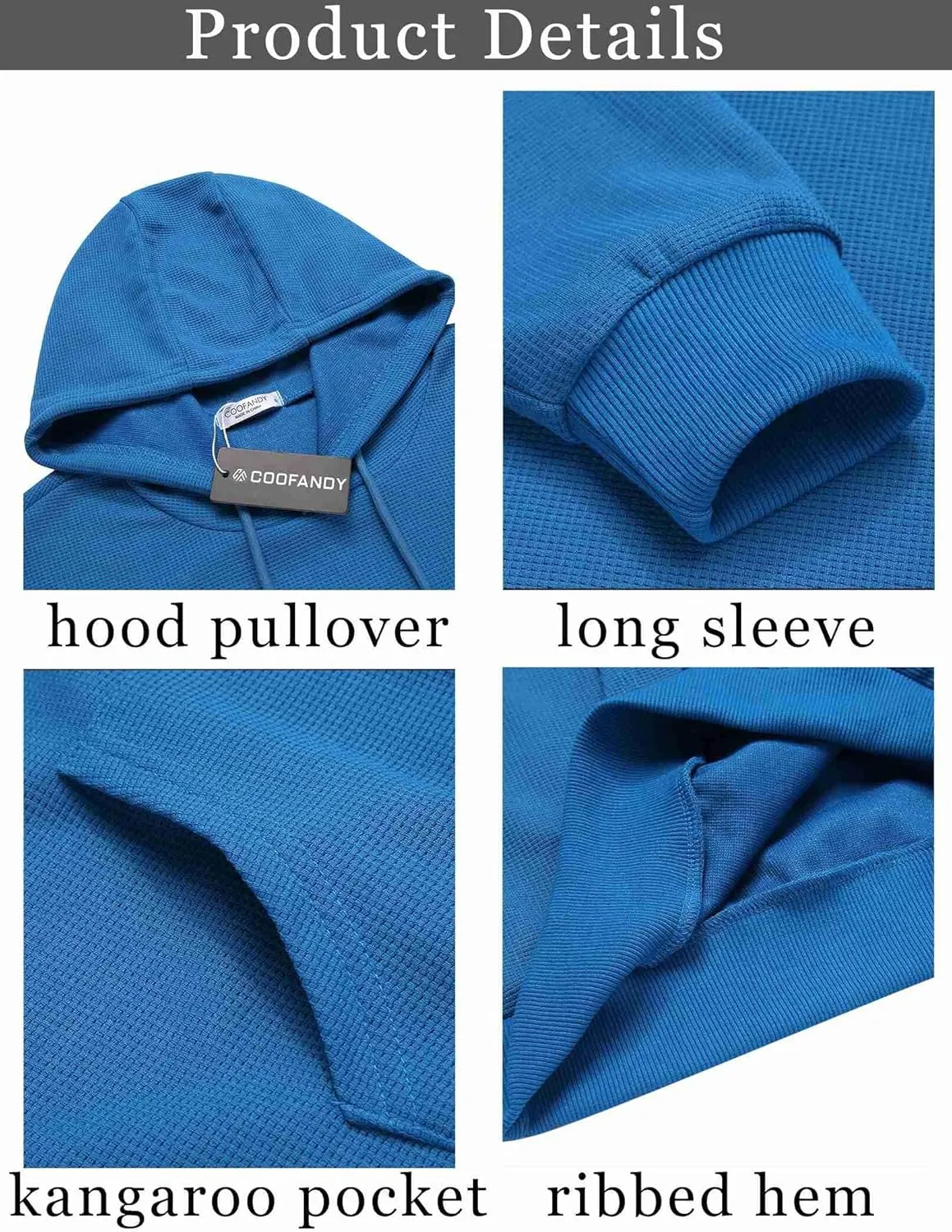 COOFANDY Men's Hooded Sweatshirts Long Sleeve Casual Pullover Hoodie Waffle Knit Sweatshirt with Pocket