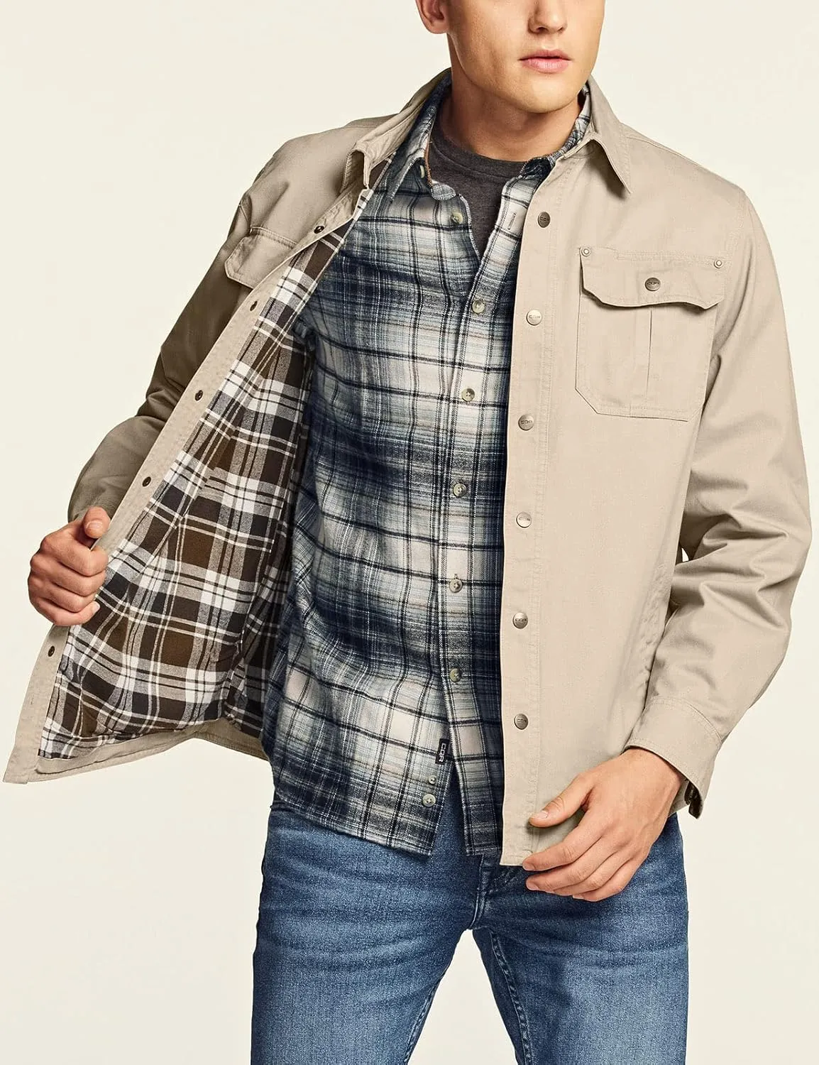 CQR Men's Twill All Cotton Flannel Lined Shirt Jacket, Soft Brushed Outdoor Shirt Jacket