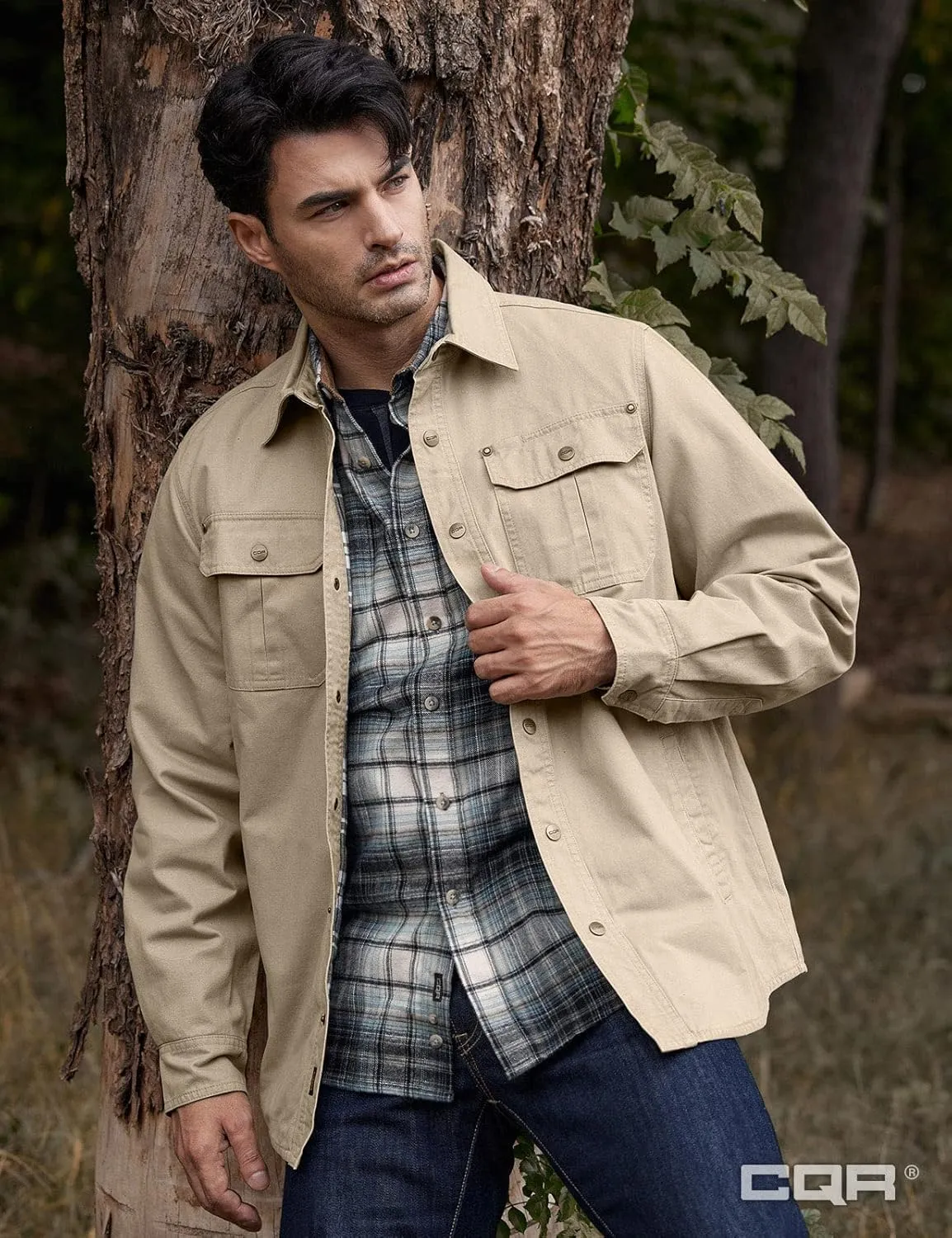 CQR Men's Twill All Cotton Flannel Lined Shirt Jacket, Soft Brushed Outdoor Shirt Jacket