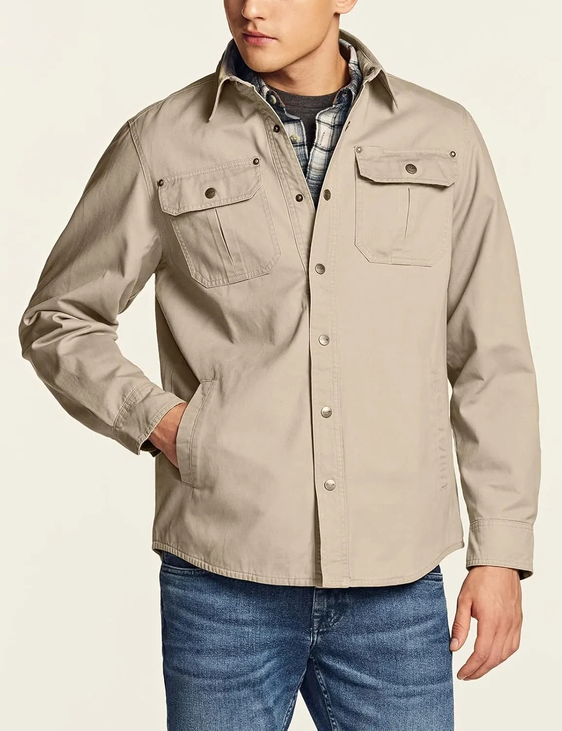 CQR Men's Twill All Cotton Flannel Lined Shirt Jacket, Soft Brushed Outdoor Shirt Jacket