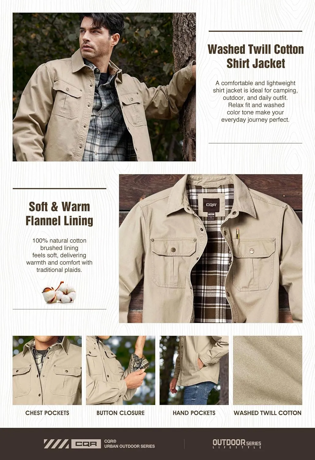 CQR Men's Twill All Cotton Flannel Lined Shirt Jacket, Soft Brushed Outdoor Shirt Jacket
