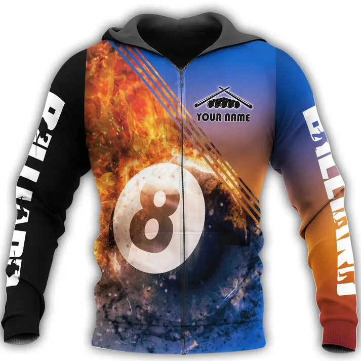 Custom 8 Ball Fire Billiard Pool Shirt Men Women, 3D Print Hoodie For Billiard Player, Billiard Team Sweatshirt