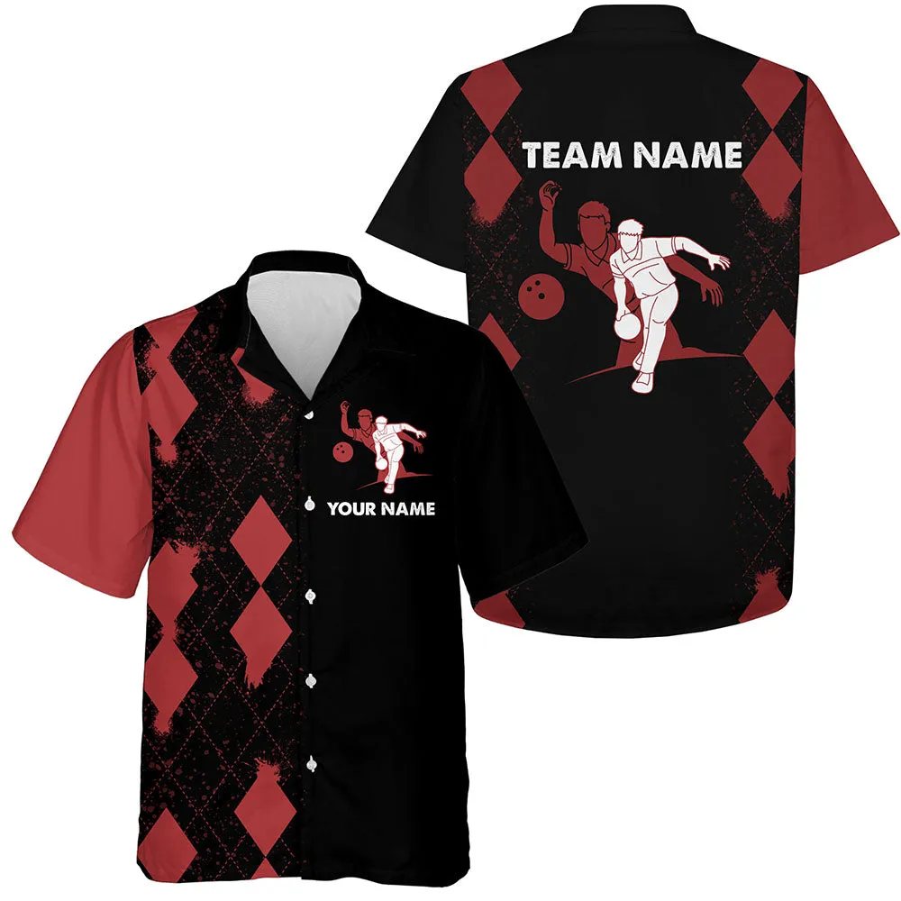 Custom Hawaiian Bowling Shirt, Personalized Name Red&Black Bowler Team Jersey for Bowling Lovers
