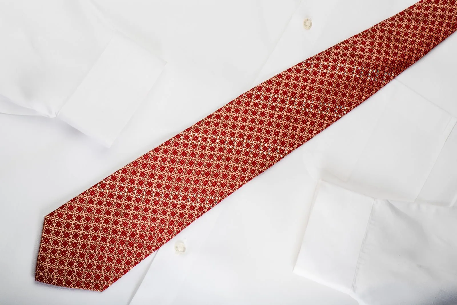 Elegance Rhinestone Silk Necktie Gold Trellis On Red With Gold Sparkles