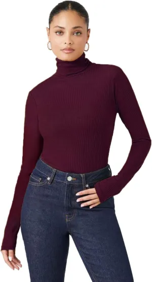 Emmalise Womens Turtleneck Top Long Sleeves Fitted Ribbed Top