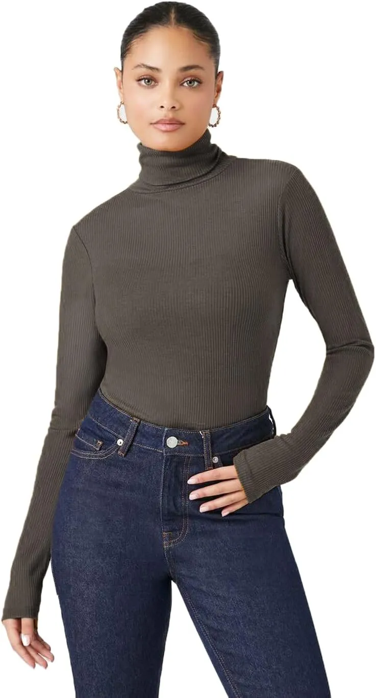 Emmalise Womens Turtleneck Top Long Sleeves Fitted Ribbed Top