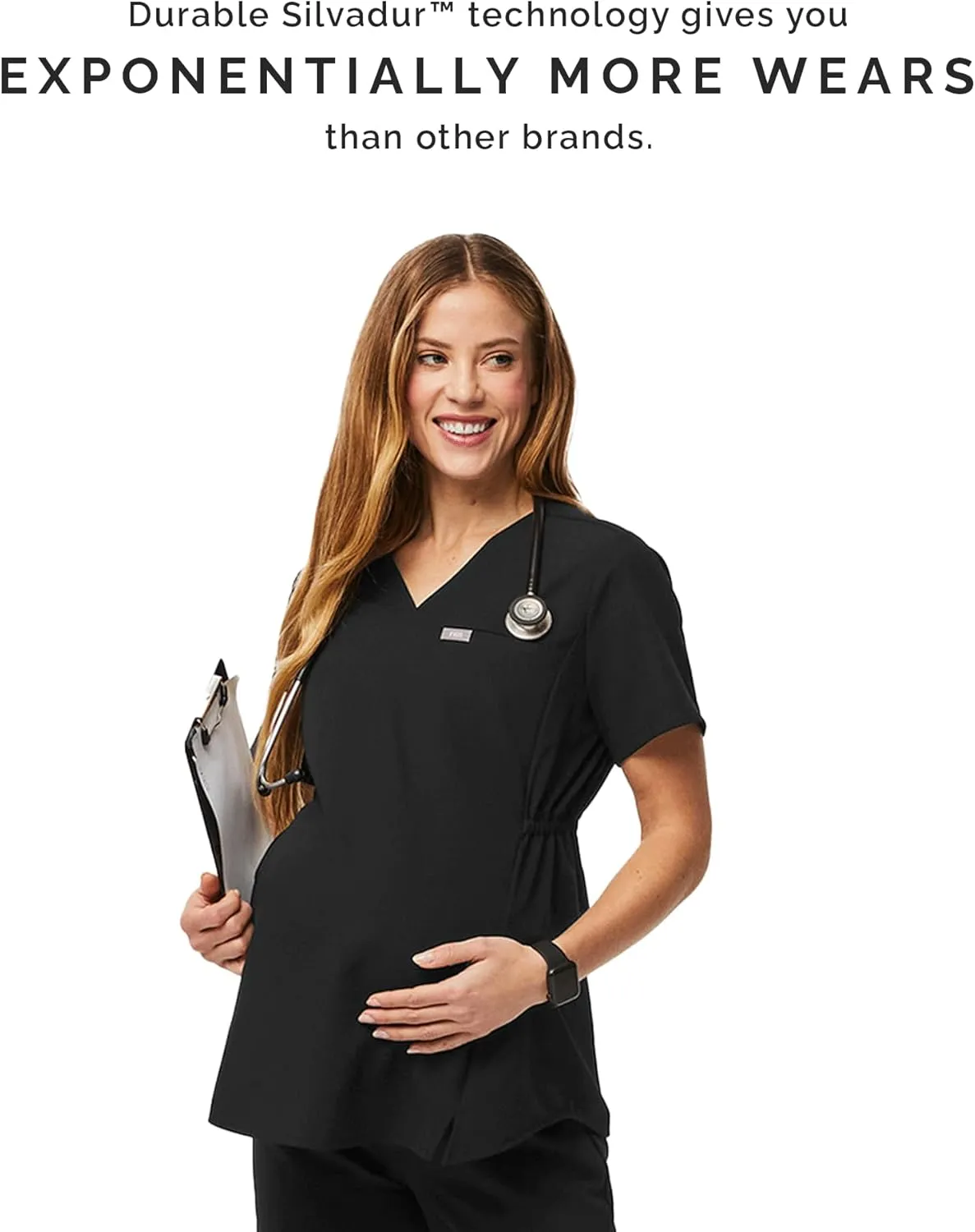 FIGS Octavia Maternity Scrub Top for Women  V-Neck, One Pocket, Curved High-Low Hem, 4-Way Stretch Women's Scrub Top