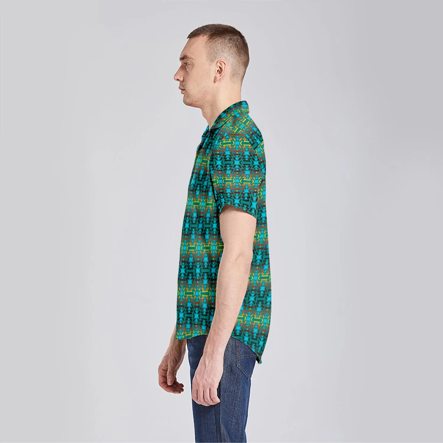 Fire Colors and Turquoise Teal Button Up Silk Shirt