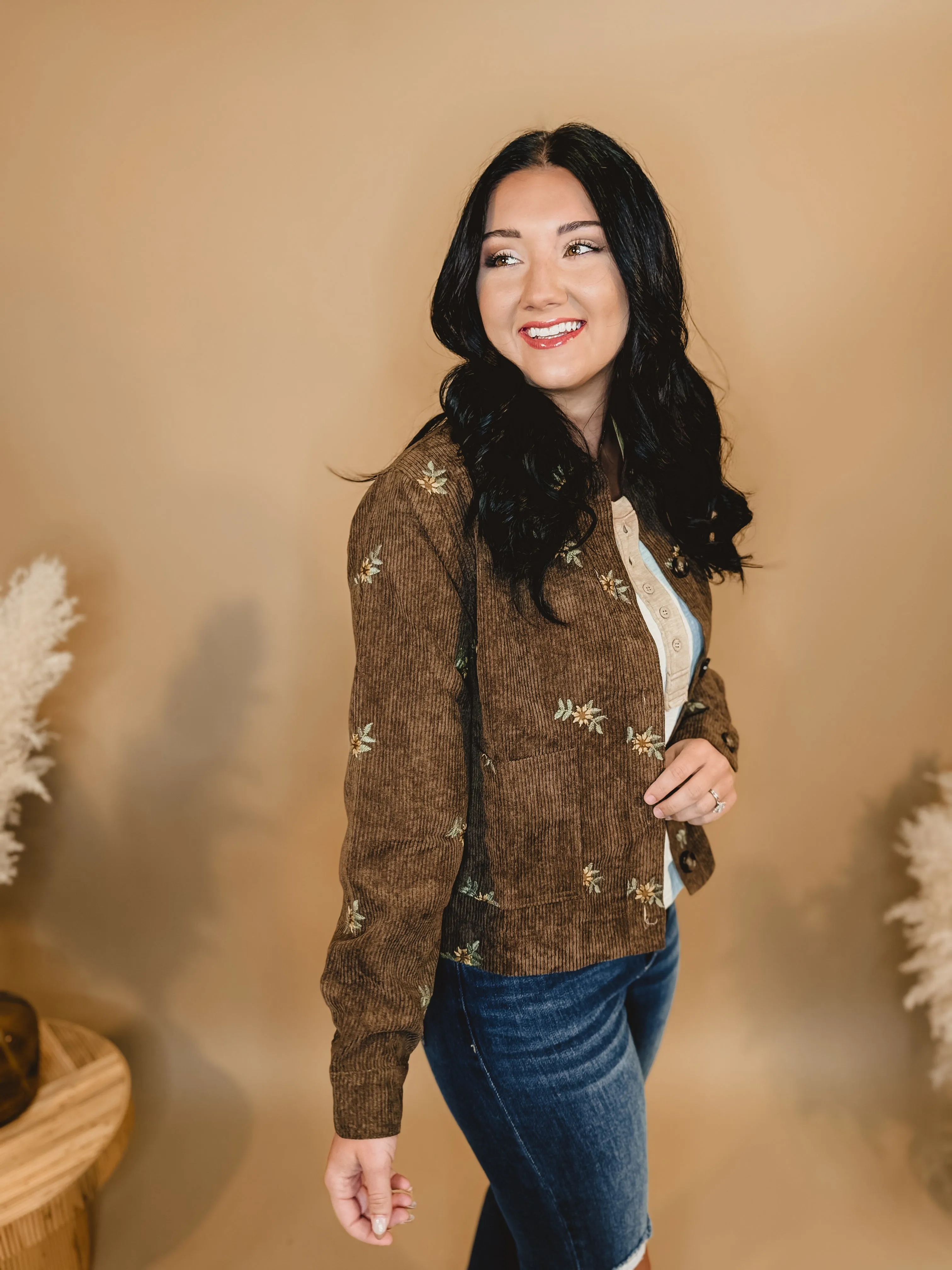 Floral Embroidered Corduroy Button Down Jacket - Brown