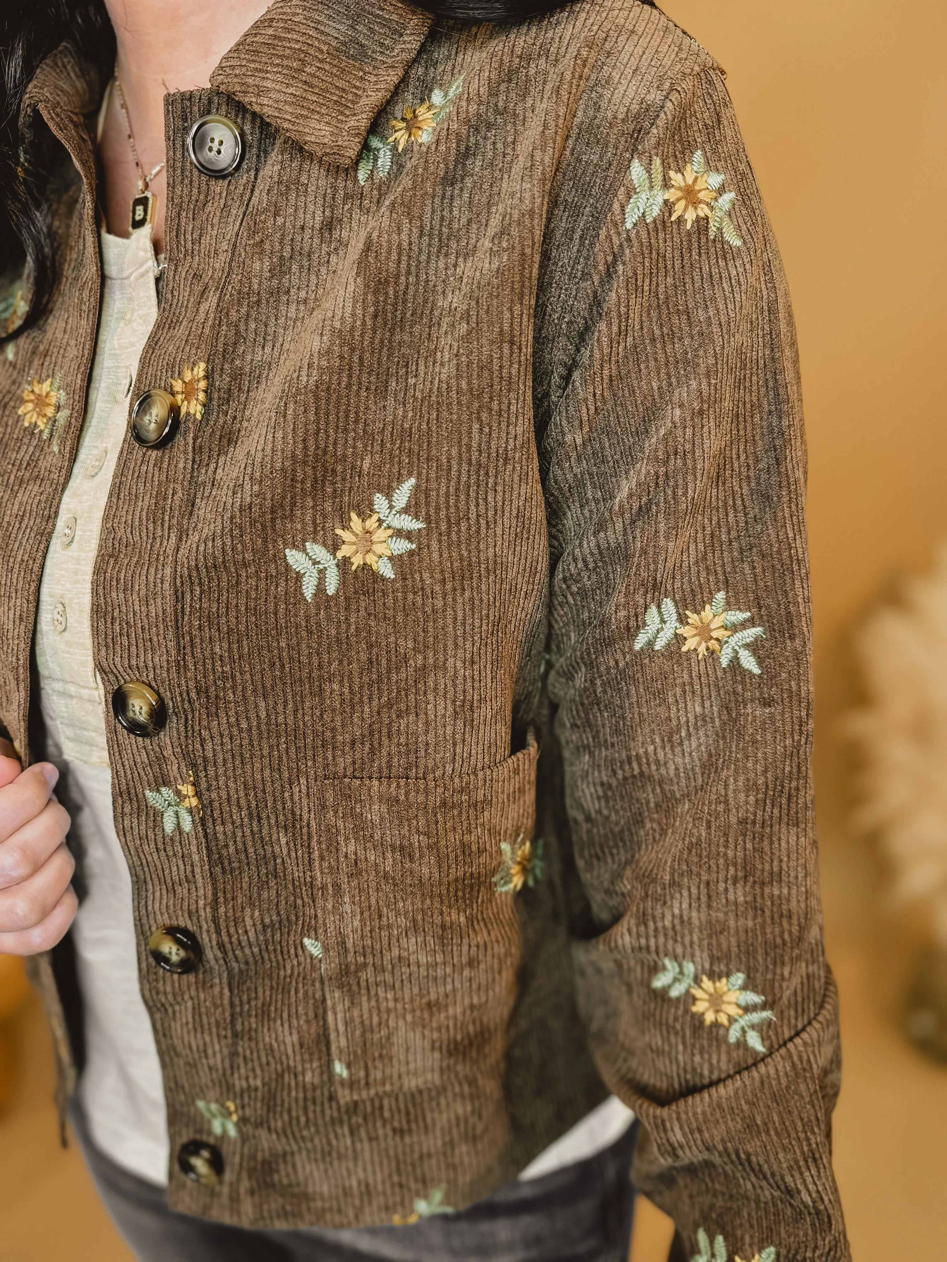 Floral Embroidered Corduroy Button Down Jacket - Brown
