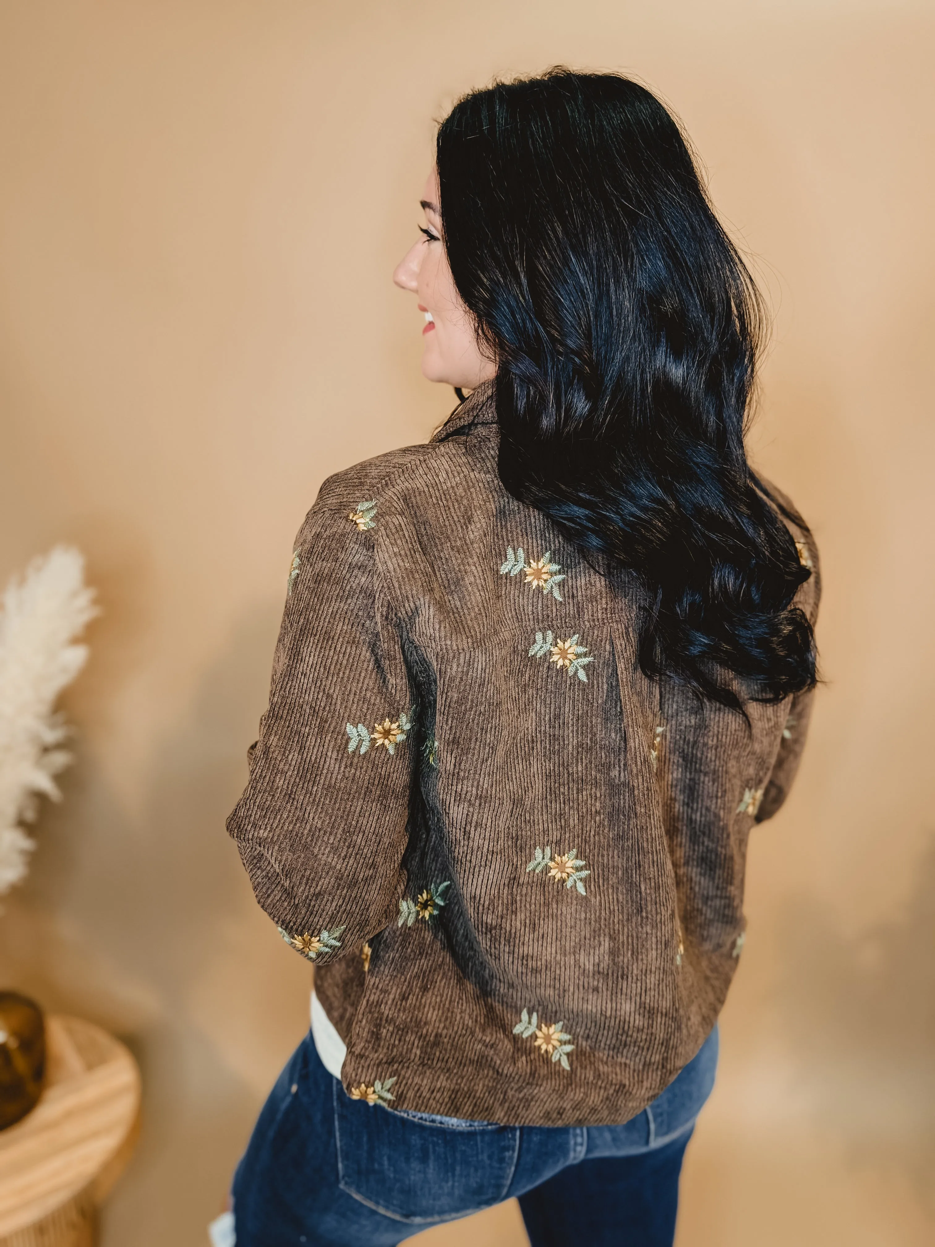 Floral Embroidered Corduroy Button Down Jacket - Brown