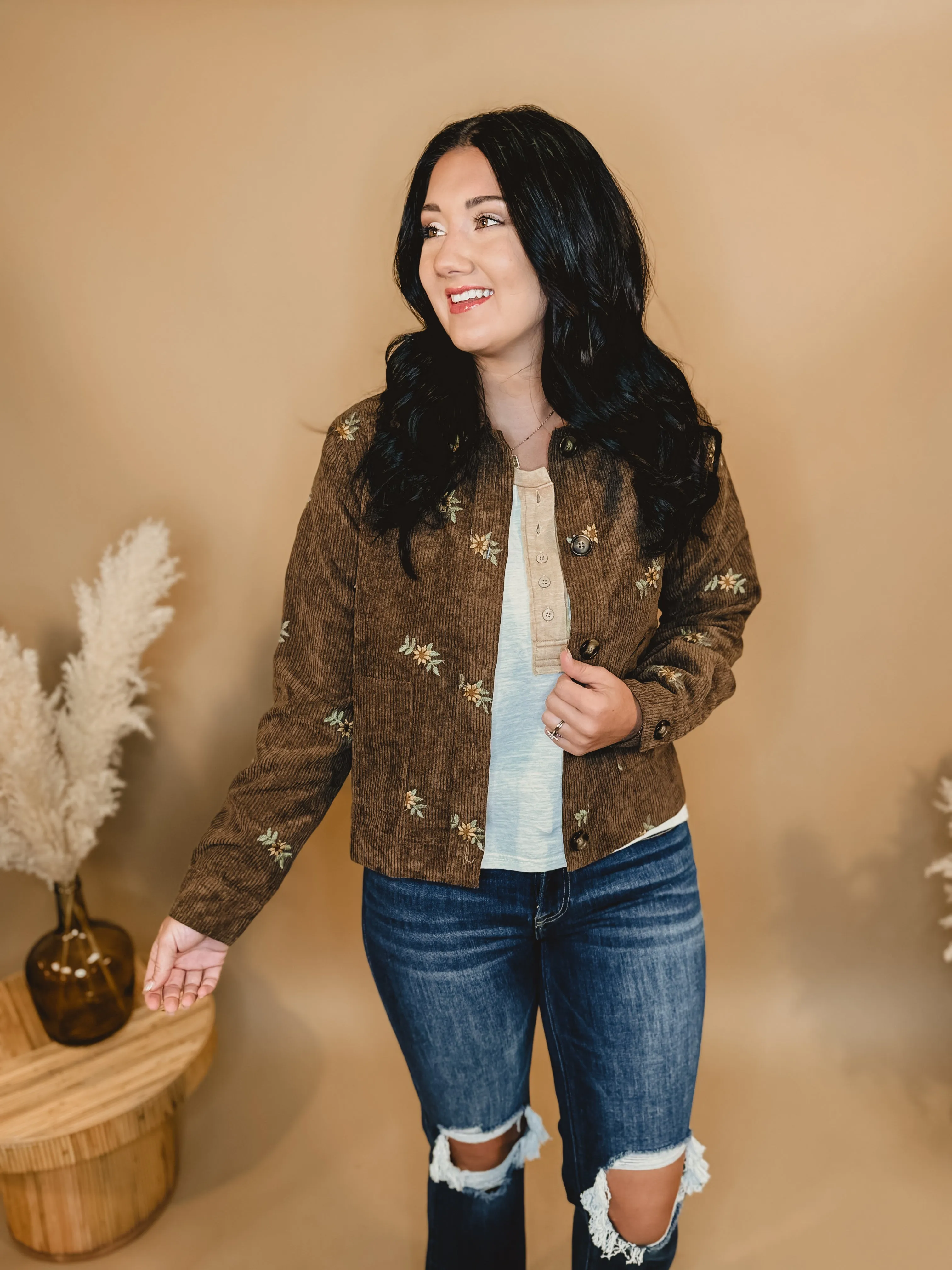 Floral Embroidered Corduroy Button Down Jacket - Brown