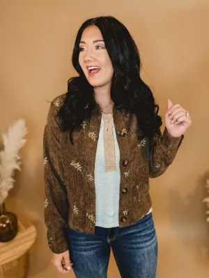 Floral Embroidered Corduroy Button Down Jacket - Brown