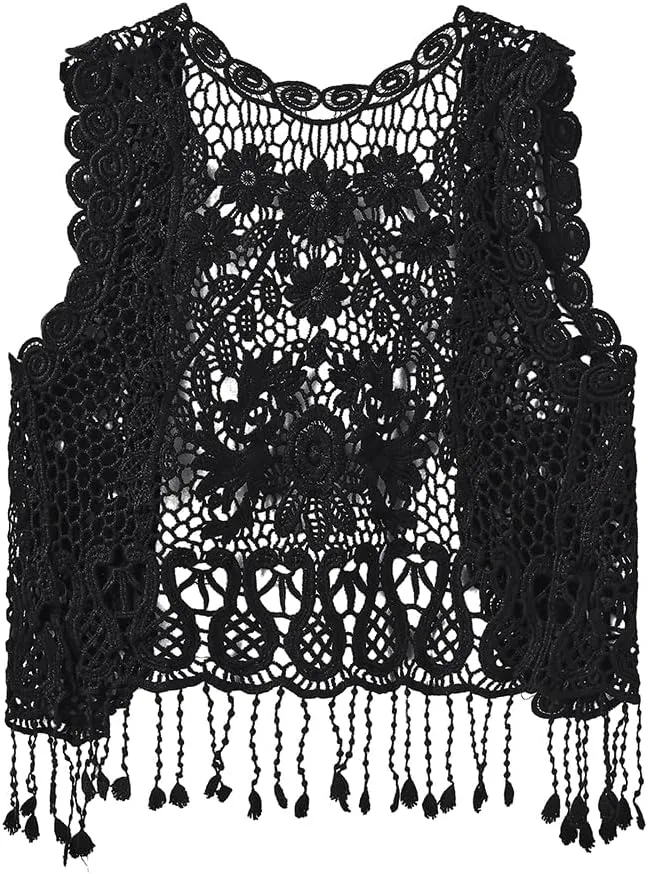 Girls Crochet Vest Cardigan with Fringe V-Neck Sleeveless Boho Vest Hollow Out Cardigan