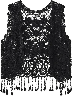 Girls Crochet Vest Cardigan with Fringe V-Neck Sleeveless Boho Vest Hollow Out Cardigan