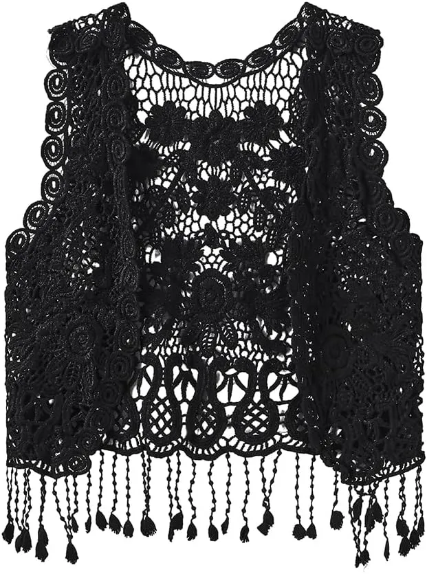 Girls Crochet Vest Cardigan with Fringe V-Neck Sleeveless Boho Vest Hollow Out Cardigan