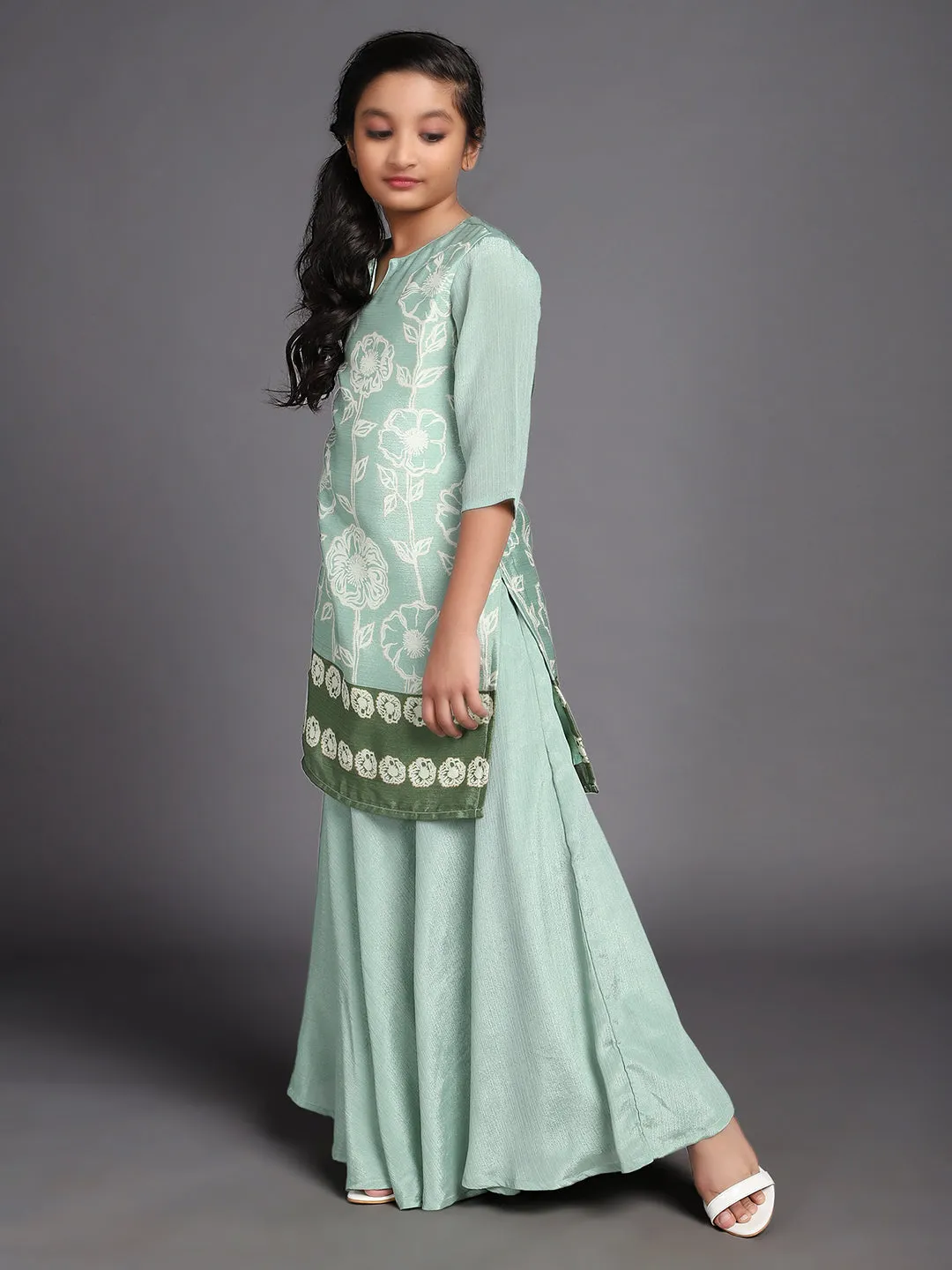 Girl's Pastle Green Digital Printed Straight Kurta With Skirt Set - Aks Girls
