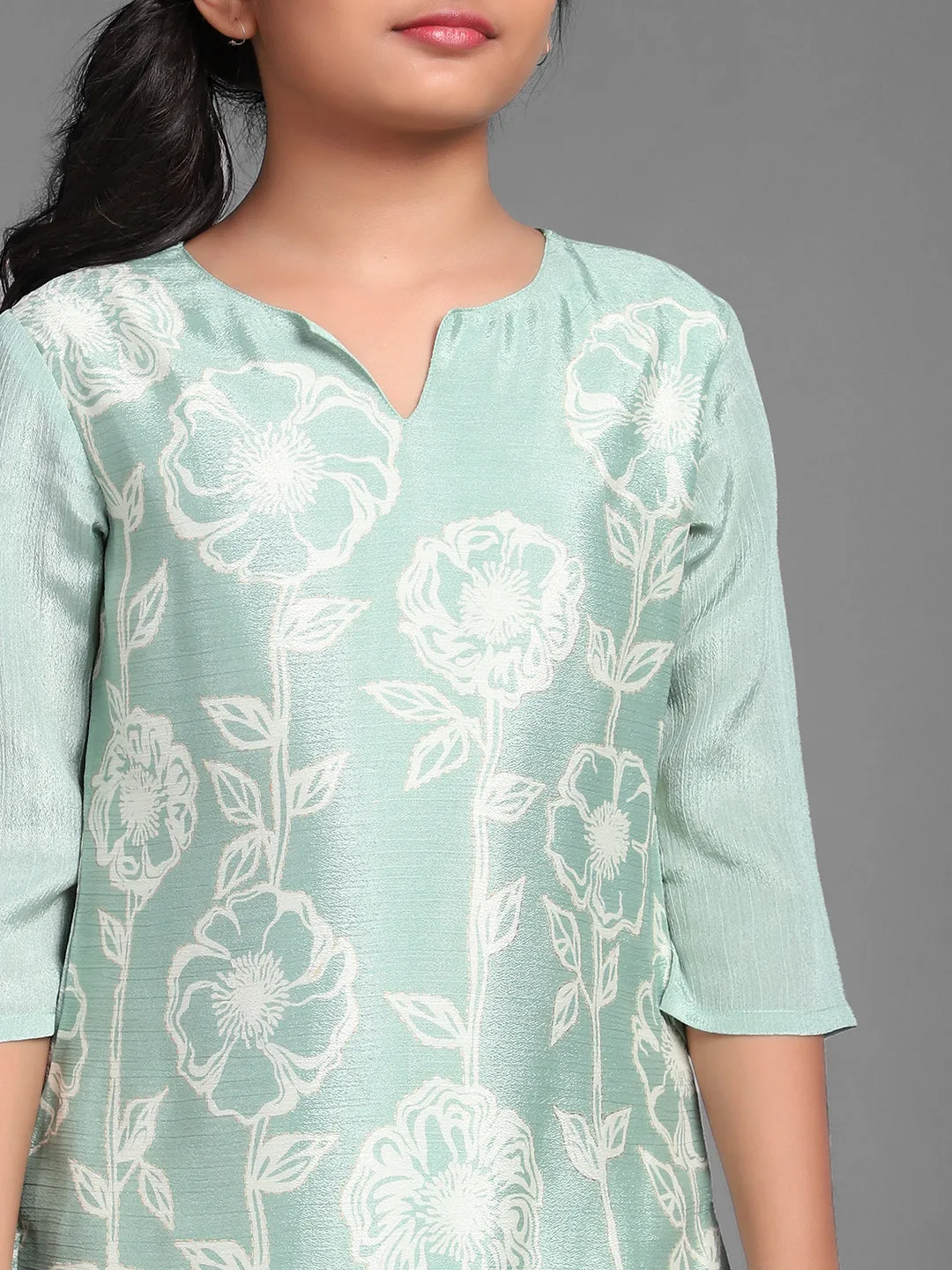 Girl's Pastle Green Digital Printed Straight Kurta With Skirt Set - Aks Girls