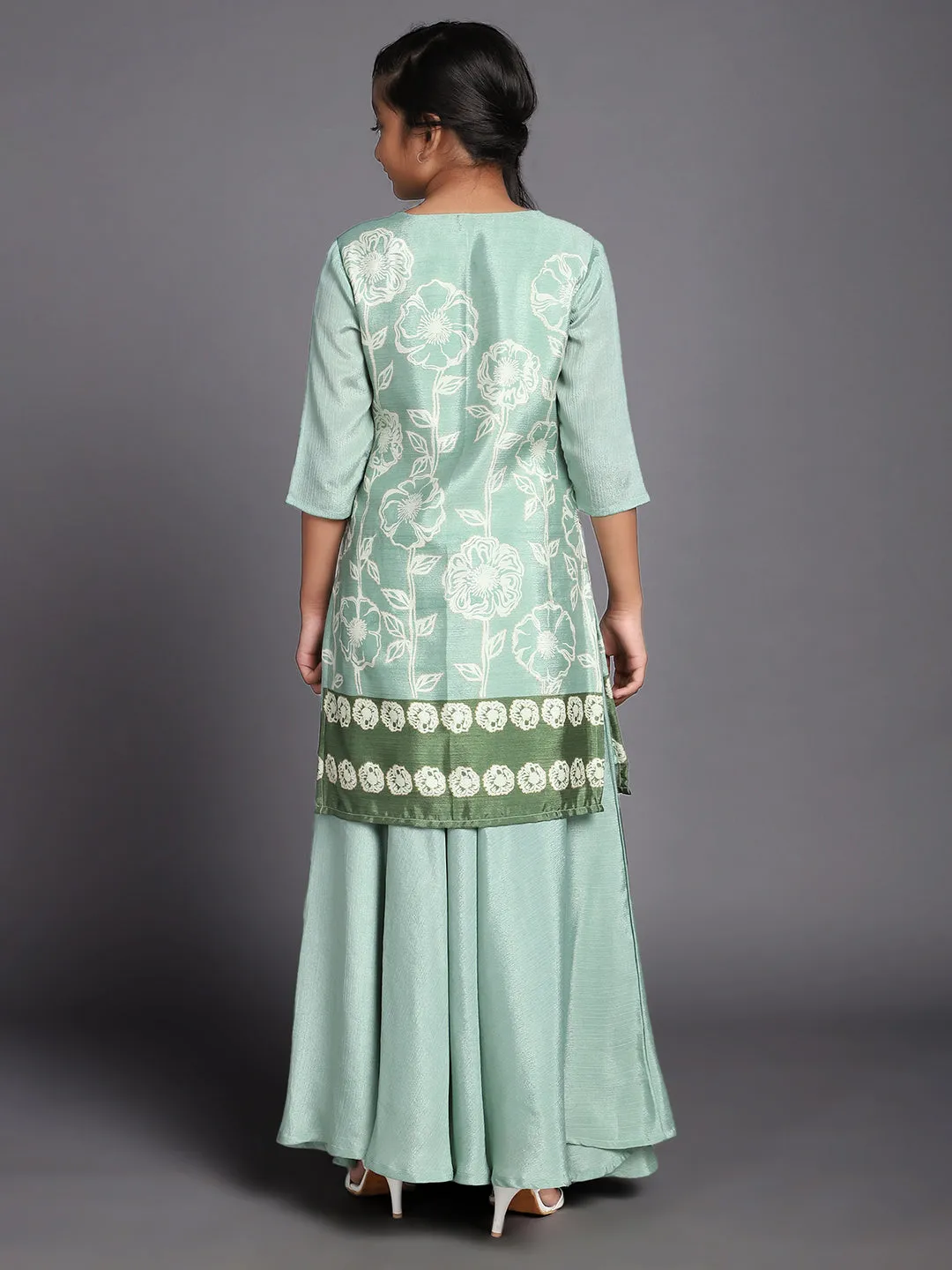 Girl's Pastle Green Digital Printed Straight Kurta With Skirt Set - Aks Girls