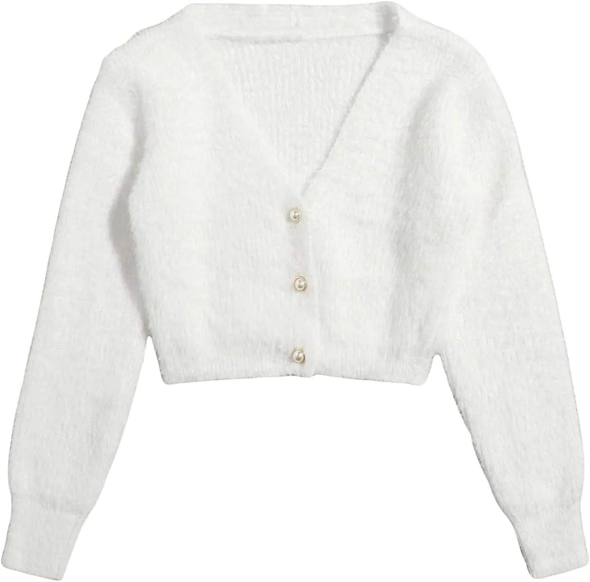 GORGLITTER Women's Open Front Cardigan Fuzzy Pearl Button Up Long Sleeve Crop Sweater Jackets Chunky Knit Cardigan