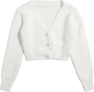 GORGLITTER Women's Open Front Cardigan Fuzzy Pearl Button Up Long Sleeve Crop Sweater Jackets Chunky Knit Cardigan