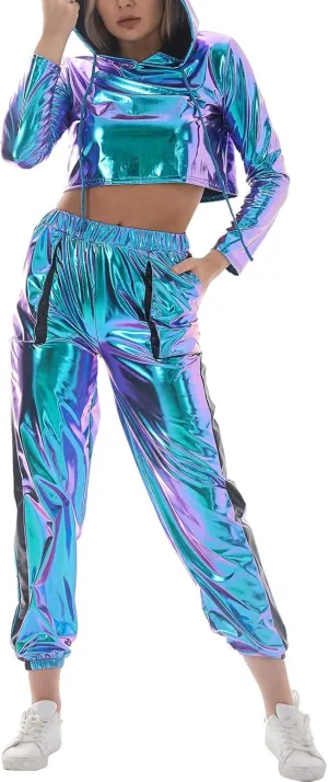 IMEKIS Women's Rave Outfit Shiny Crop Top Hoodie Metallic Casual Long Pants Hooded Workout Sweatshirt Disco Dance Clubwear
