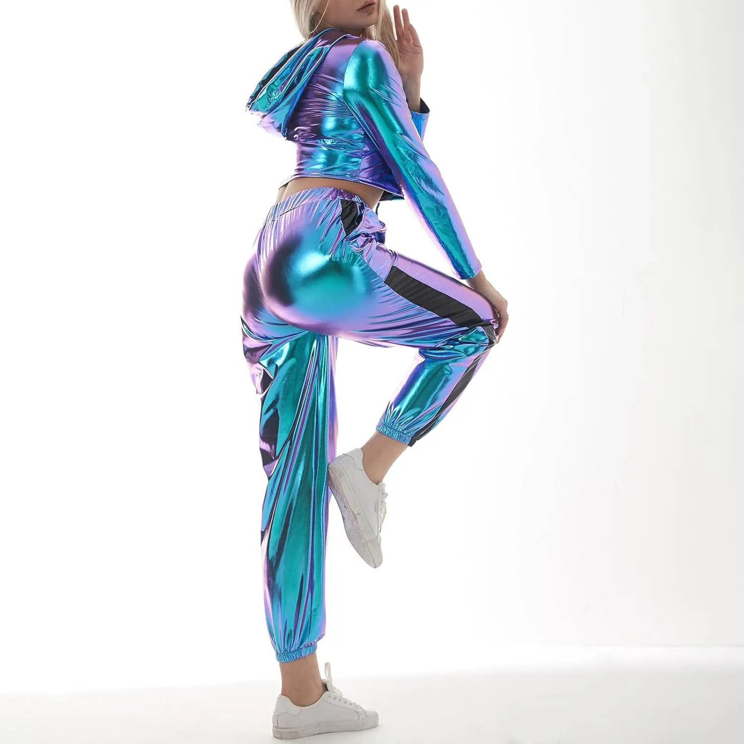 IMEKIS Women's Rave Outfit Shiny Crop Top Hoodie Metallic Casual Long Pants Hooded Workout Sweatshirt Disco Dance Clubwear