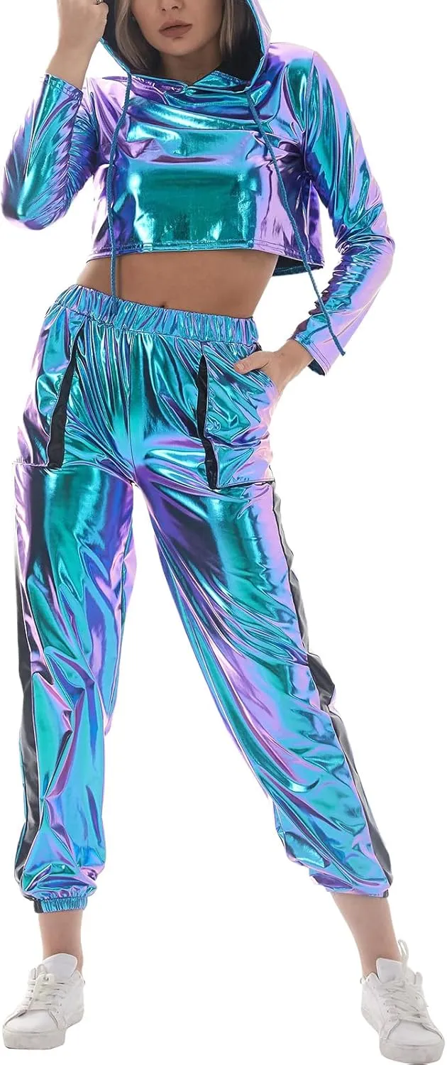 IMEKIS Women's Rave Outfit Shiny Crop Top Hoodie Metallic Casual Long Pants Hooded Workout Sweatshirt Disco Dance Clubwear