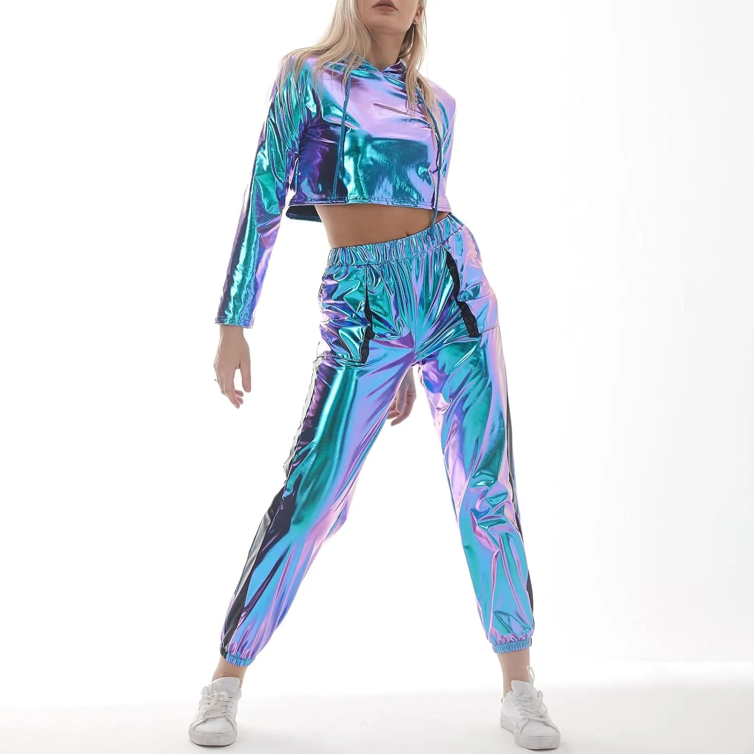 IMEKIS Women's Rave Outfit Shiny Crop Top Hoodie Metallic Casual Long Pants Hooded Workout Sweatshirt Disco Dance Clubwear