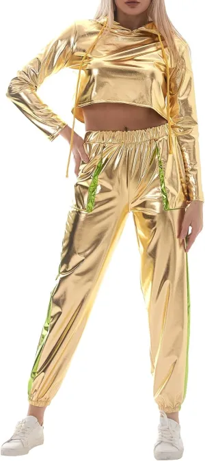 IMEKIS Women's Rave Outfit Shiny Crop Top Hoodie Metallic Casual Long Pants Hooded Workout Sweatshirt Disco Dance Clubwear