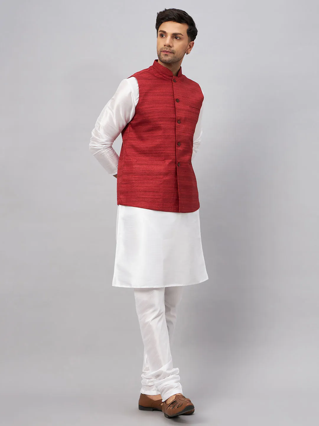 Jashvi Men's Maroon Matka Silk Nehru Jacket With White Silk Blend Kurta Pyjama Set