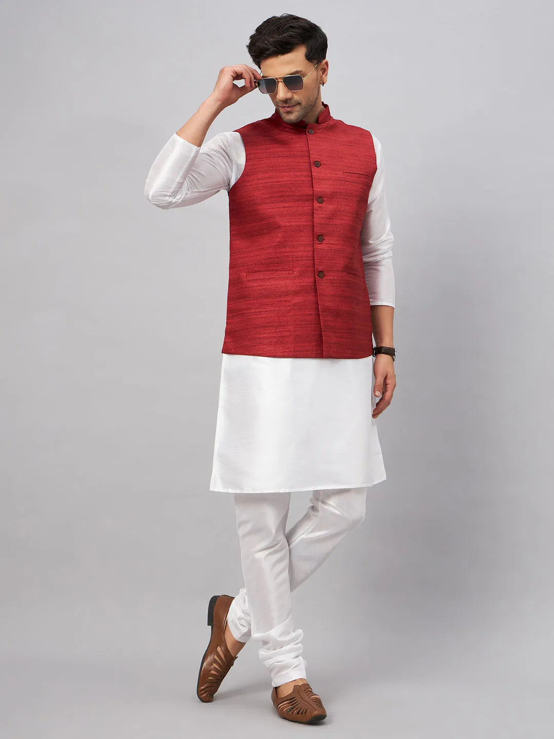 Jashvi Men's Maroon Matka Silk Nehru Jacket With White Silk Blend Kurta Pyjama Set